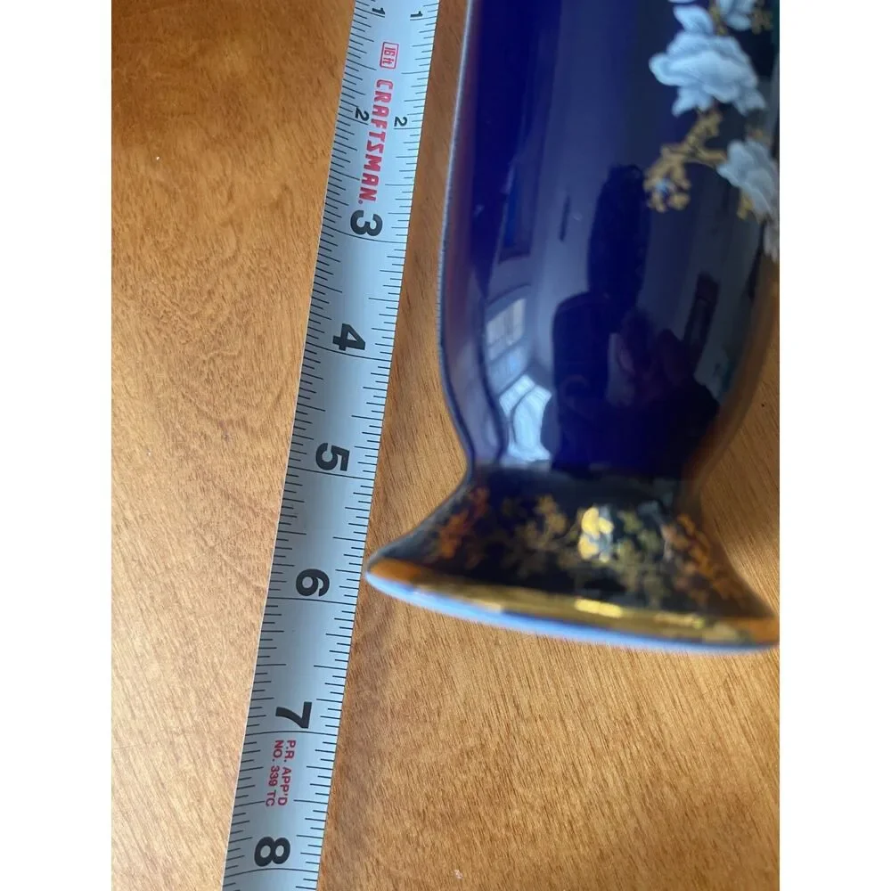 VTG Limoges France Cobalt Blue & Gold Butterfly Floral Vase Diffuse Par Valette